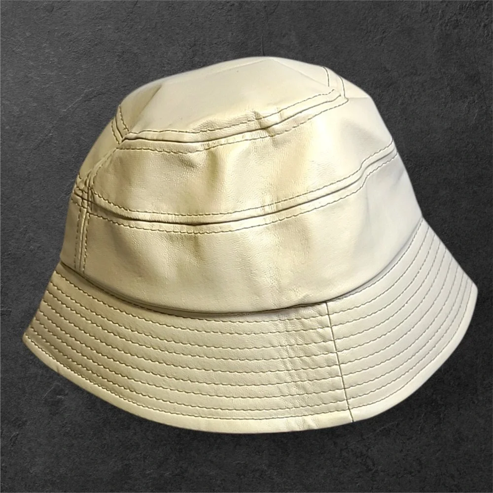 Beige Faux Leather Bucket Hat Wide Brim Stitched